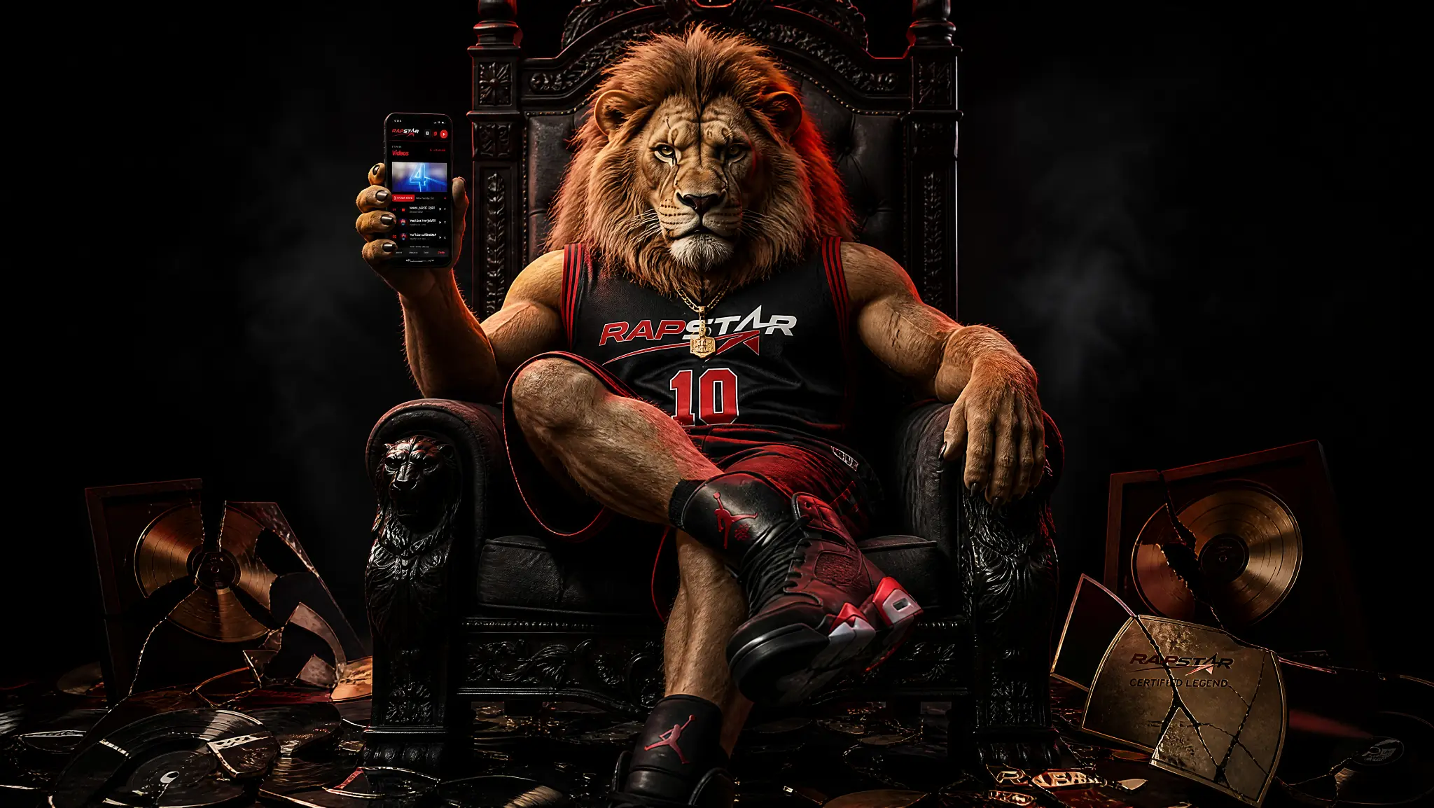 Humanoid lion on a throne holding the RAPSTAR app with broken plates and vinyls visible