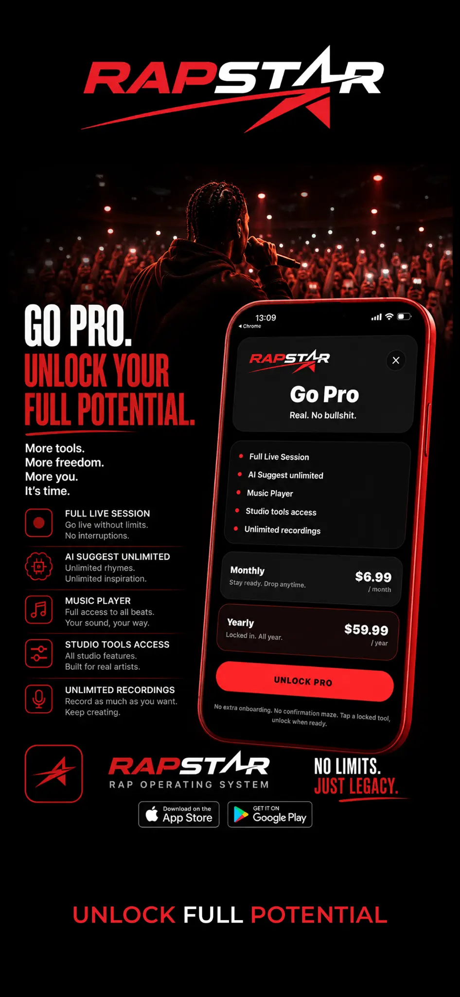 RAPSTAR styled app screen: Unlock Full Potential