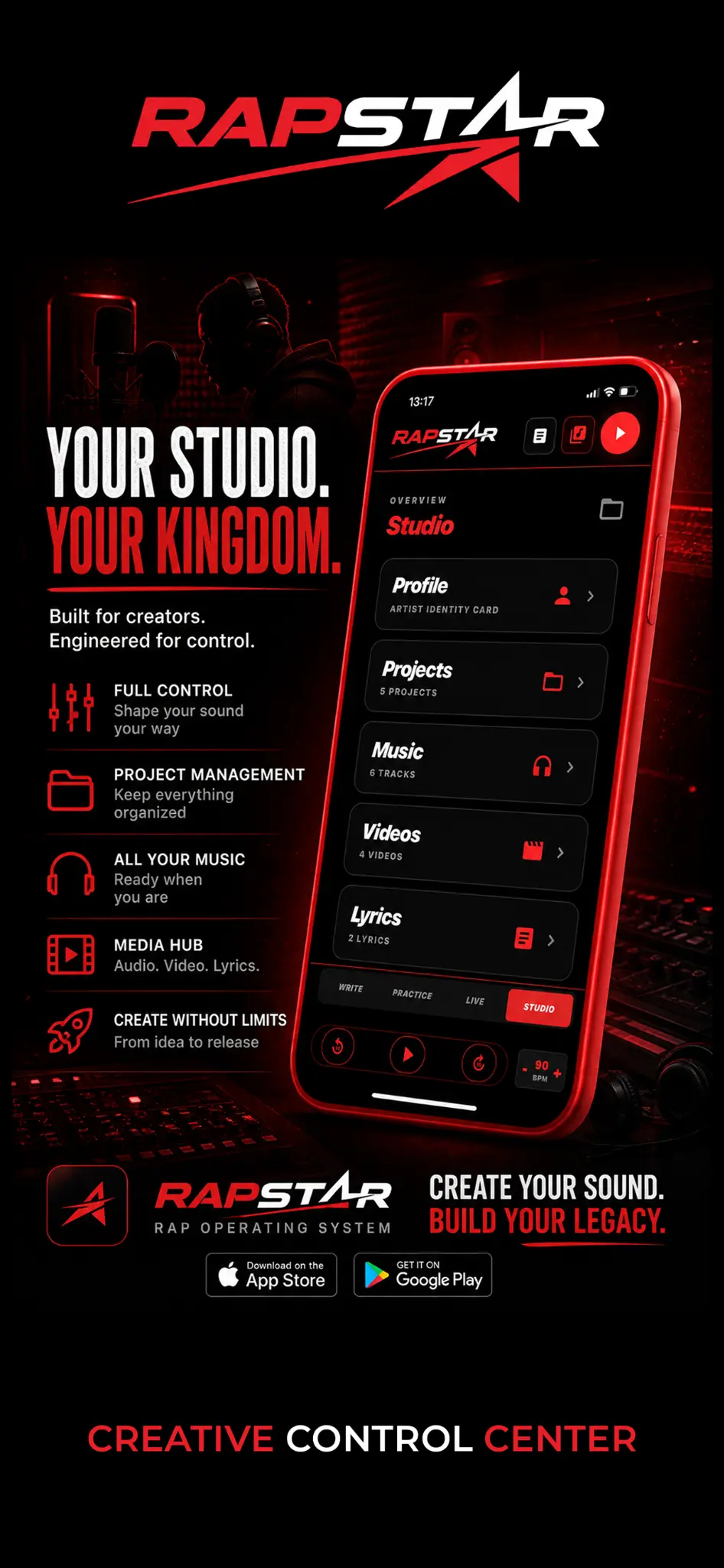 RAPSTAR styled app screen: Creative Control Center