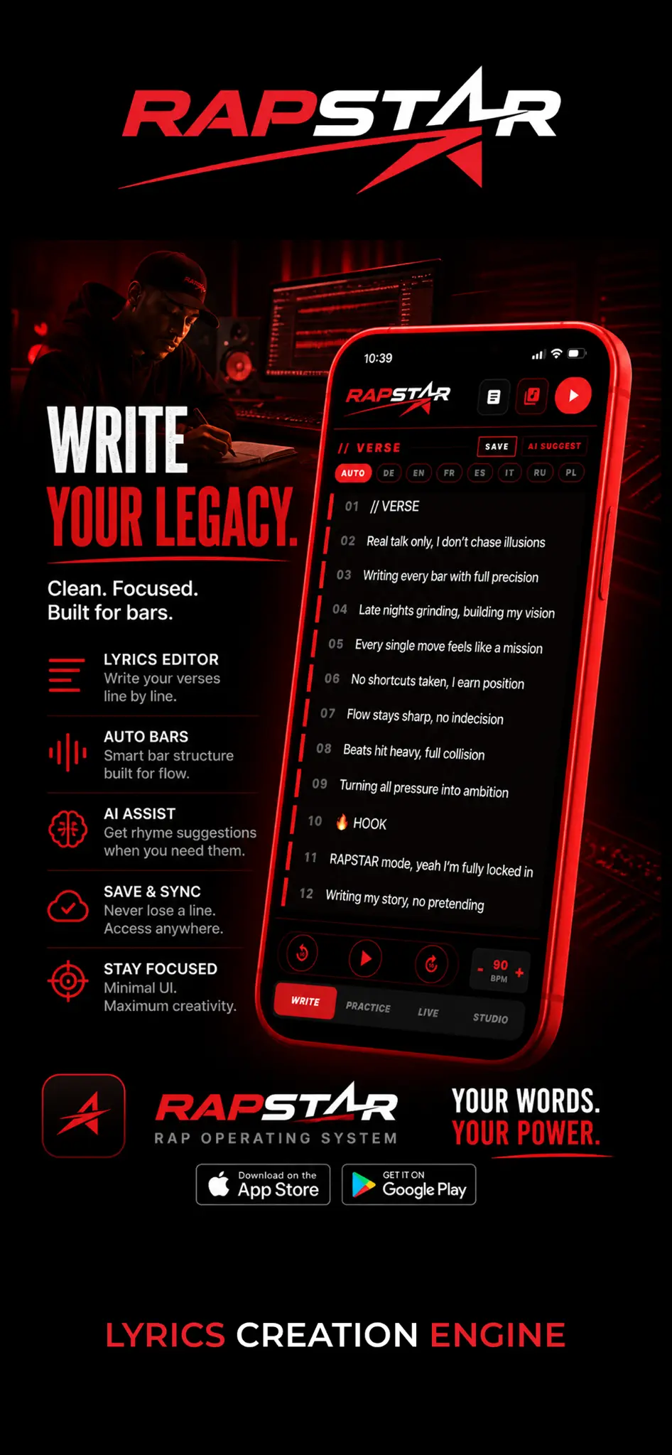RAPSTAR styled app screen: Lyrics Creation Engine