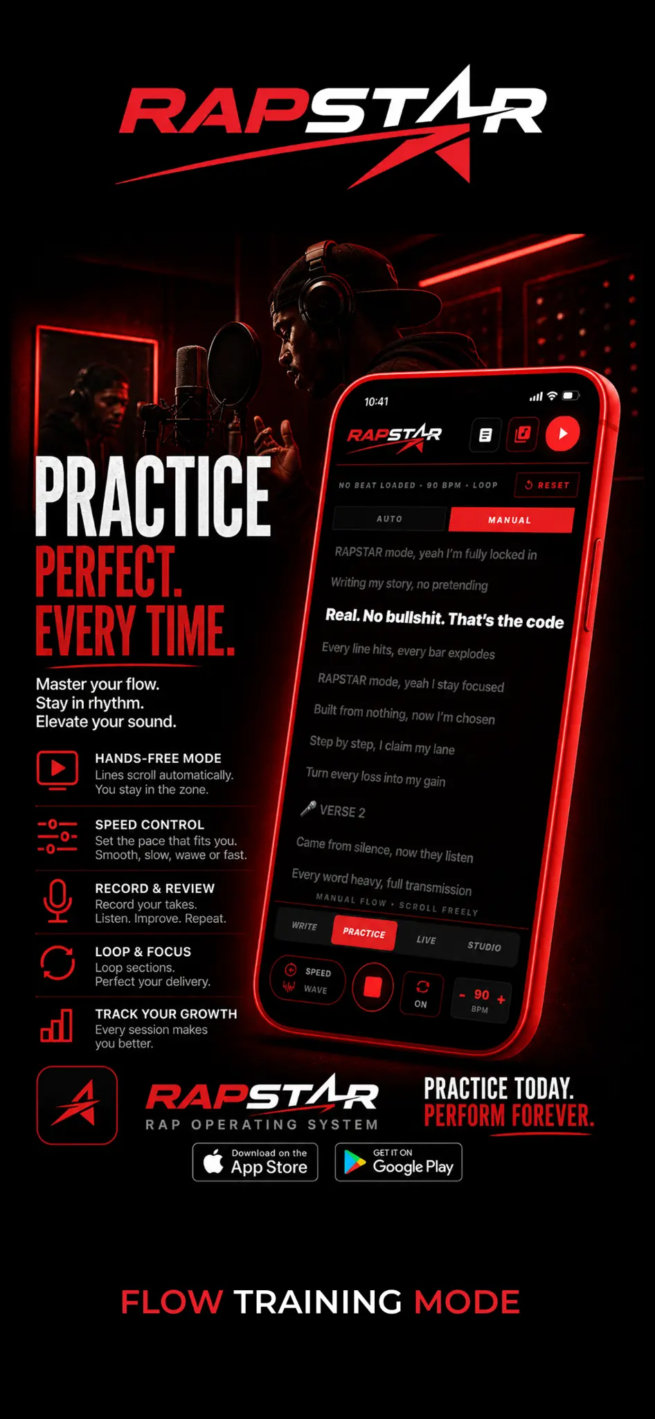 RAPSTAR styled app screen: Flow Training Mode
