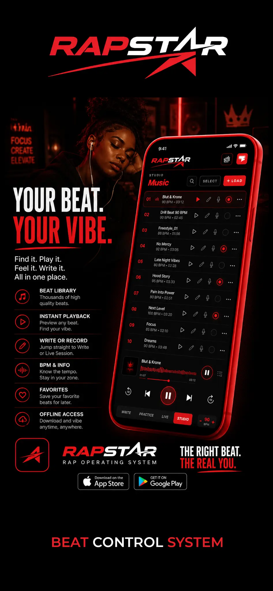 RAPSTAR styled app screen: Beat Control System