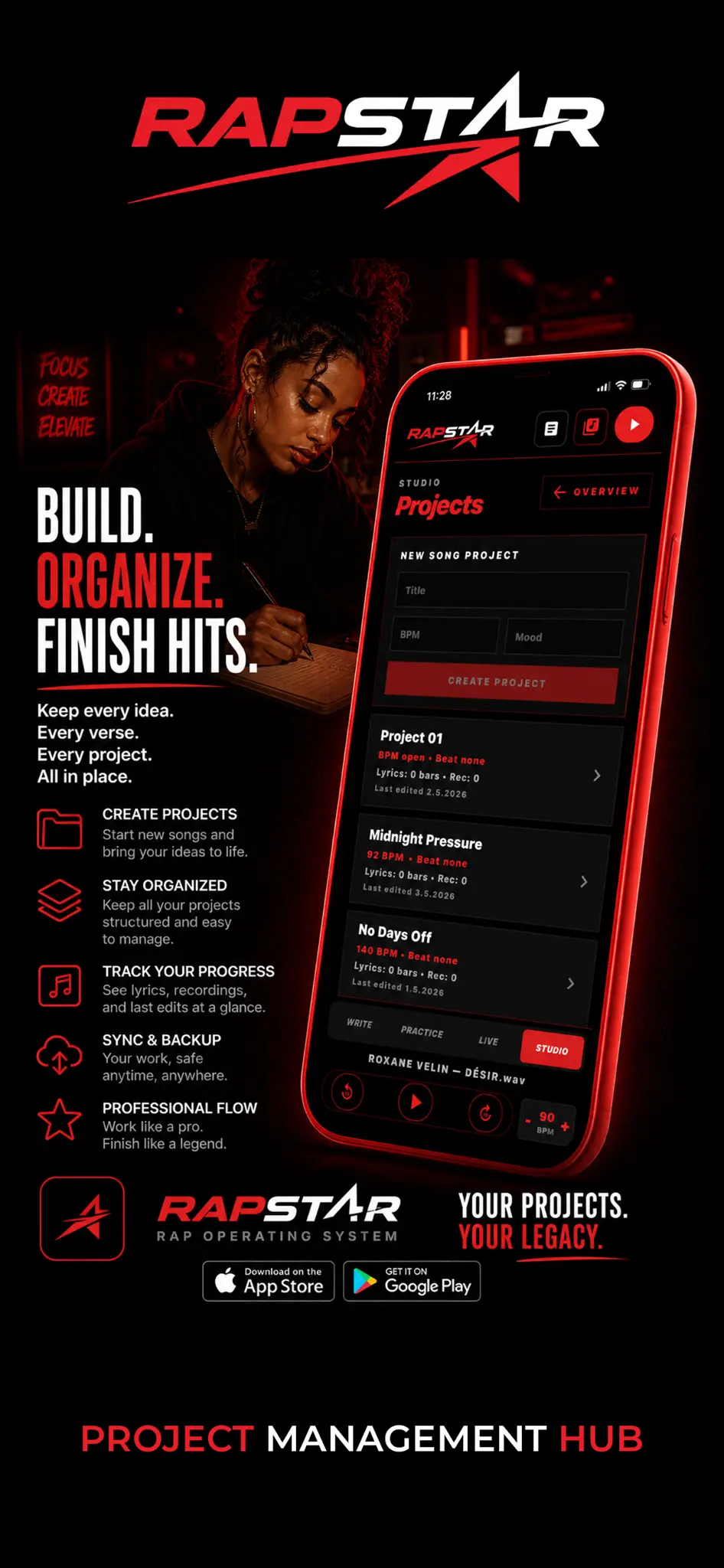 RAPSTAR styled app screen: Project Management Hub